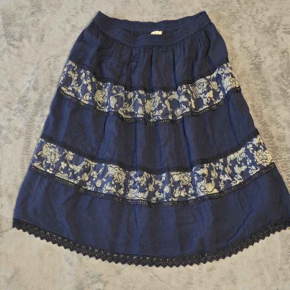 Boho Tiered Floral Skirt Medium Blue Lace Peasant Flowy Retro